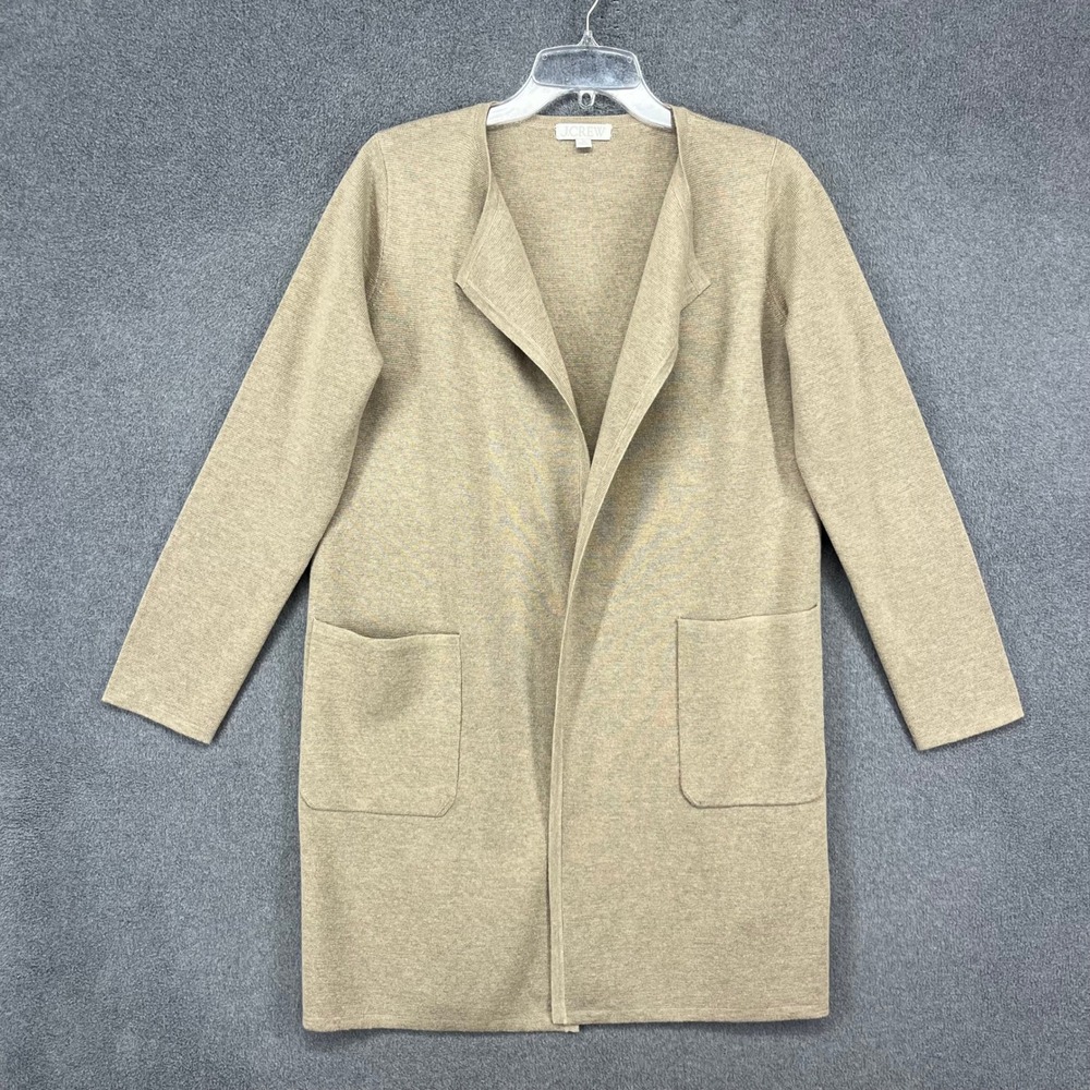 J.Crew Cardigan Sweater Womens XS Tan Merino Wool Blend Open Front Longline Coat